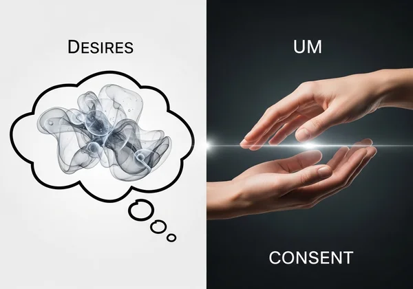 A thought bubble for fantasy vs. hands shaking for consent.